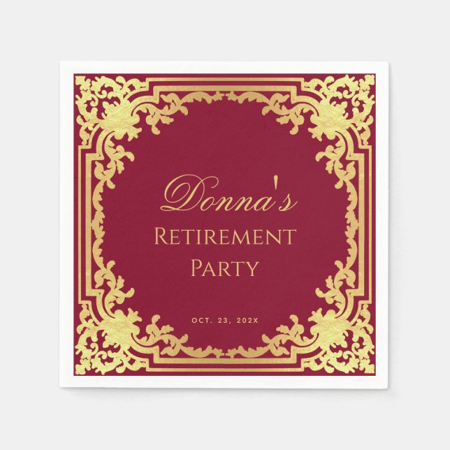 Retirement Party Burgundy Faux Gold Elegant Script Serviette (Vorderseite)