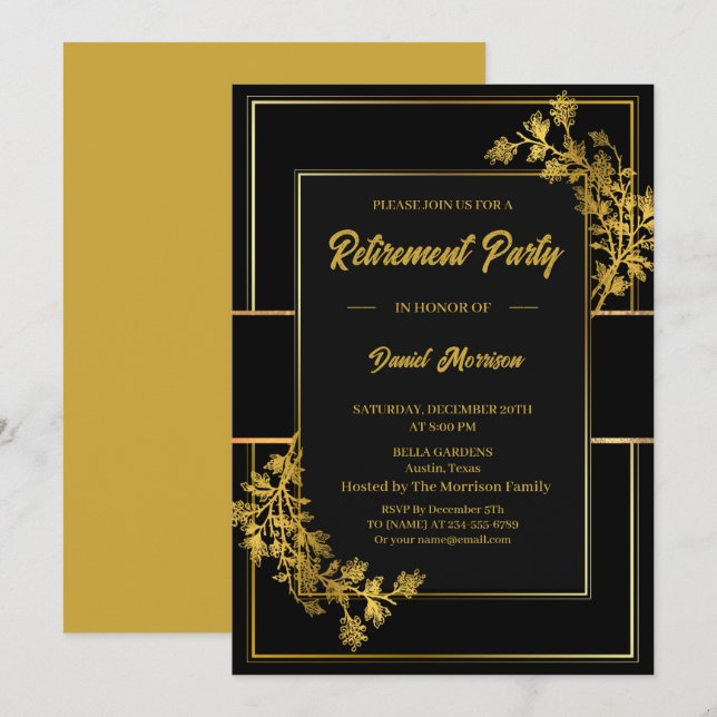 Retirement Party Elegant Black Gold 2026 Einladung (Vorne/Hinten)