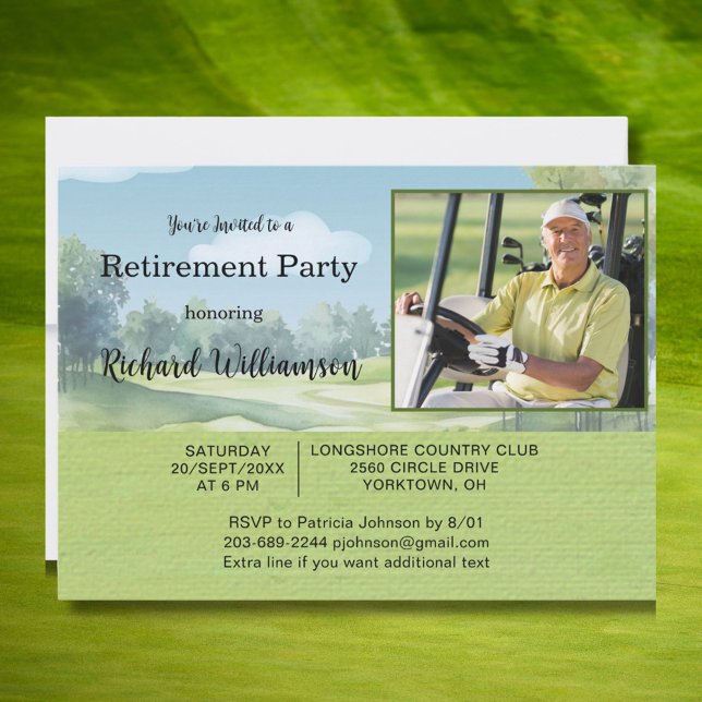 Retirement Party Photo Watercolor Golf Theme Invit Einladung (Von Creator hochgeladen)