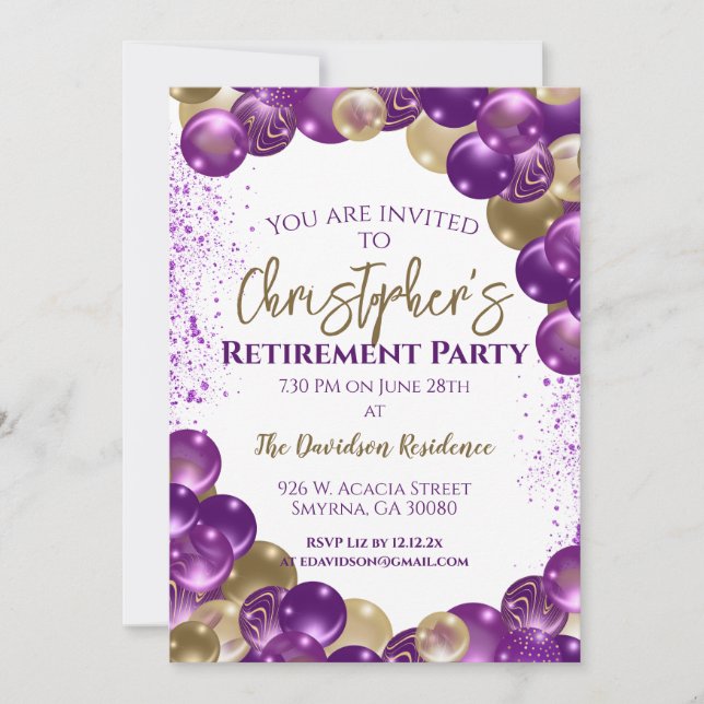 Retirement Party Purple Gold Balloons Einladung (Vorderseite)