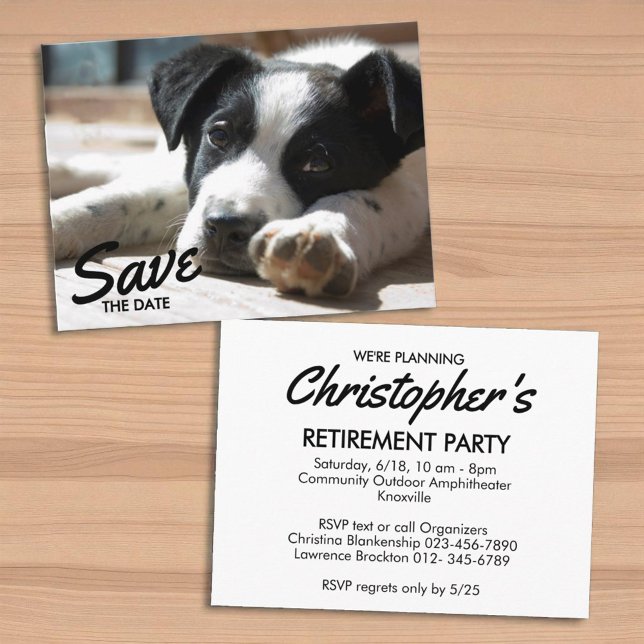 Retirement Party Replaceable Photo Save The Date Ankündigungspostkarte (replaceable photo template retirement postcard front and back)