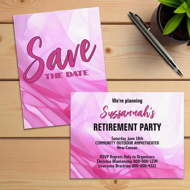 Retirement Party Save The Date Pink Abstract Ankündigungspostkarte (template invitation back template text)