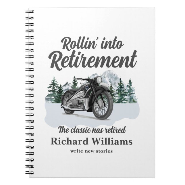 Retirement Travel Theme Classic Motorbike Rolling Notizblock (Vorderseite)