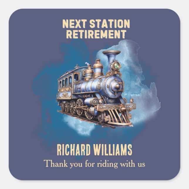 Retirement Travel Themed Train Next Station Party  Quadratischer Aufkleber (Vorderseite)