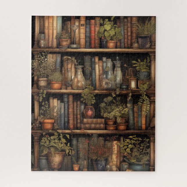 Retreat des Whimsical Wizard: Vintage Bibliothek Puzzle (Vertikal)