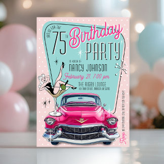 Retro 1950er Jahre Glamour Rosa Vintage Auto Gebur Einladung