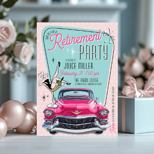Retro 1950er Jahre Glamour Rosa Vintage Auto Rentn Einladung