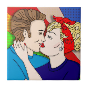 Retro 1950er Jahre Stil Pop Art Couple Kissing   Fliese