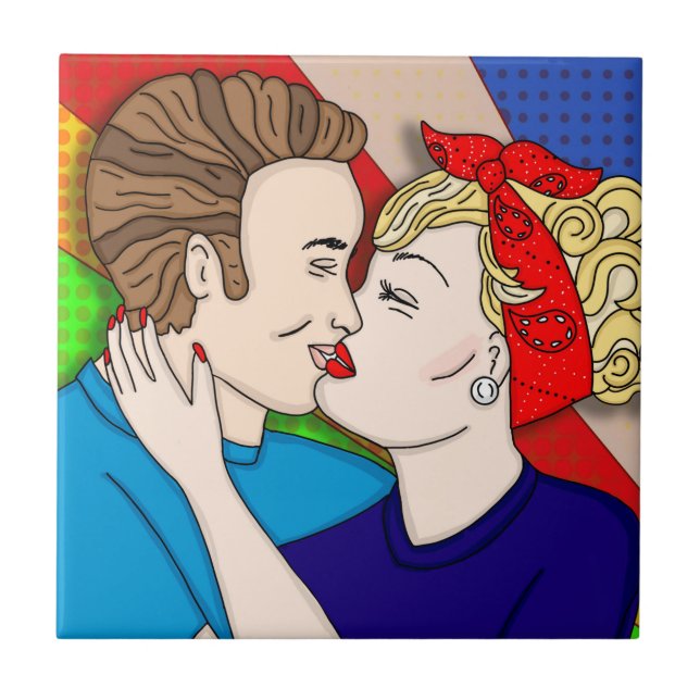 Retro 1950er Jahre Stil Pop Art Couple Kissing Fliese (Vorderseite)