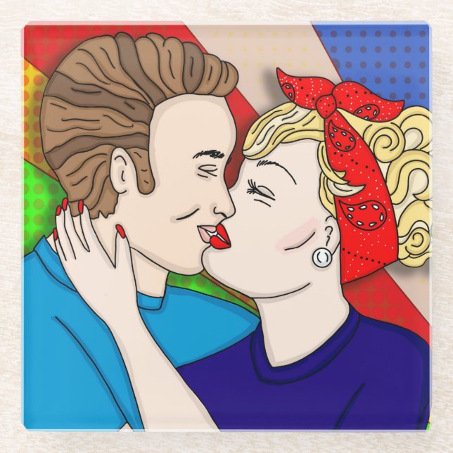 Retro 1950er Jahre Stil Pop Art Couple Kissing Glasuntersetzer (Vorderseite)