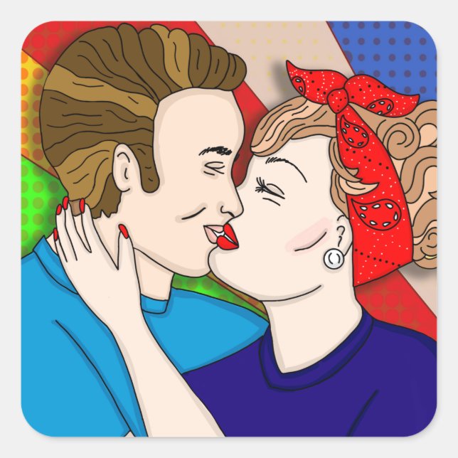 Retro 1950er Jahre Stil Pop Art Couple Kissing Quadratischer Aufkleber (Vorderseite)