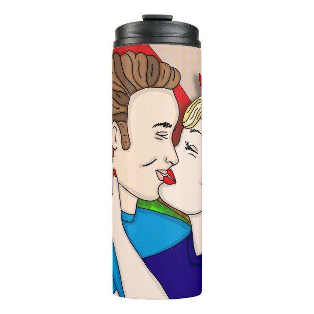 Retro 1950er Jahre Stil Pop Art Couple Kissing Thermosbecher (Vorderseite)