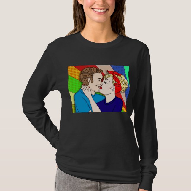 Retro 1950er Pop Art Style Couple Kissing T-Shirt (Vorderseite)