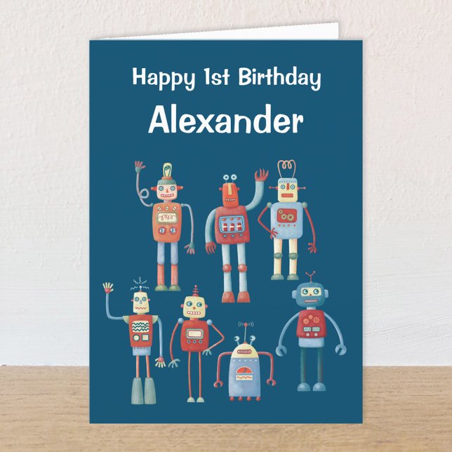 Retro 1950er Robots - Benutzerdefiniertes Alter un Ankündigung (Retro robot first birthday card)