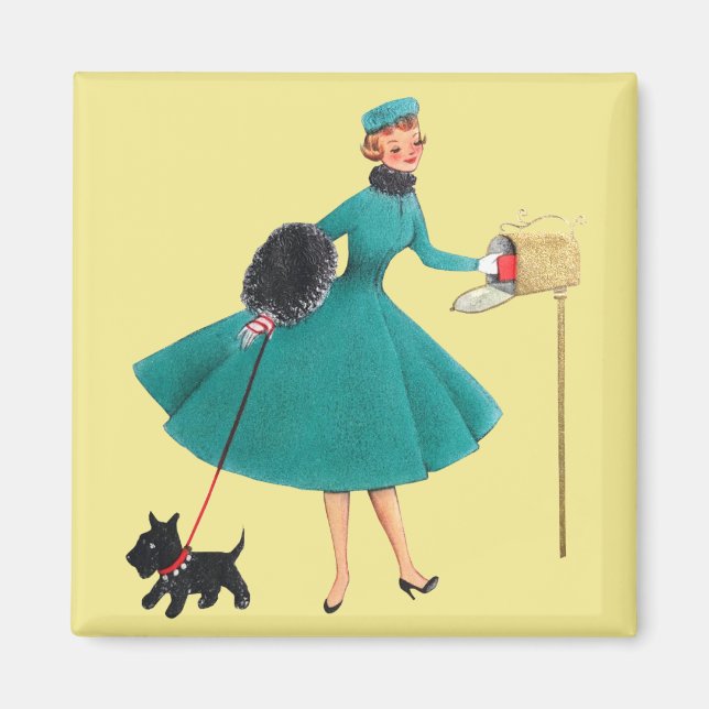 Retro 1950er Woman Scottie Christmas Cards Magnet (Vorne)