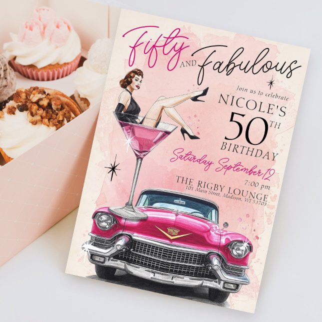 Retro 1950's Fifty & Fabulous Glam 50th Birthday Einladung (Retro 1950's watercolor Fifty and Fabulous pink old hollywood glam pinup birthday party invitation)