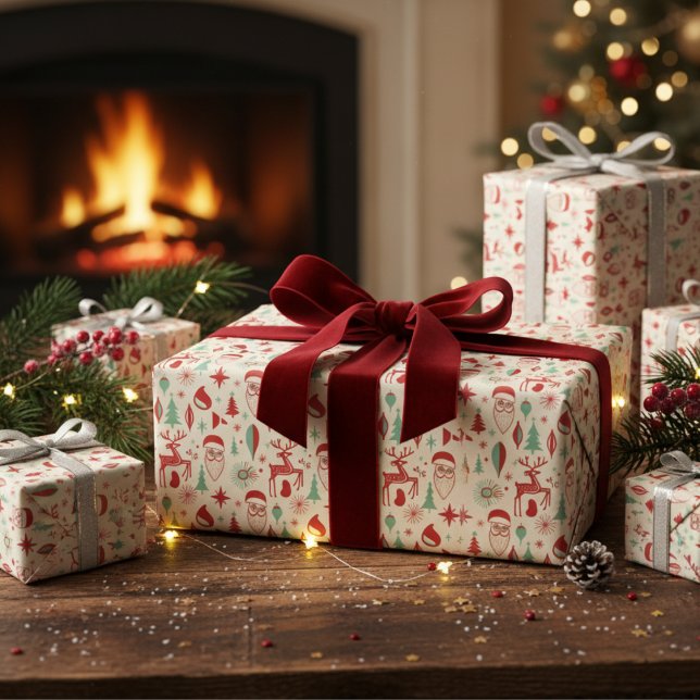 Retro 1950s Santa & Reindeer Mid-Century Christmas Geschenkpapier (Von Creator hochgeladen)