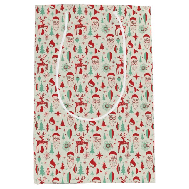 Retro 1950s Santa & Reindeer Mid-Century Christmas Mittlere Geschenktüte (Vorderseite)