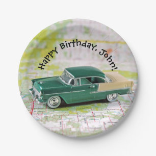 Retro 1955 Auto auf Roadmap Geburtstag Pappteller