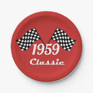 Retro 1959 Klassische Schwarz-Weiß-Schachflagge Pappteller