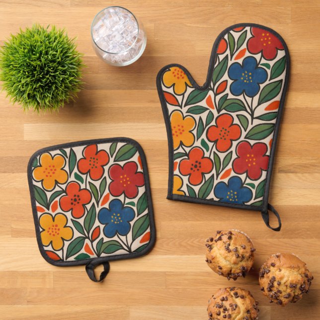 Retro 1960s Style Floral Pattern Ofenhandschuh & Topflappen-Set (Oben Unten)