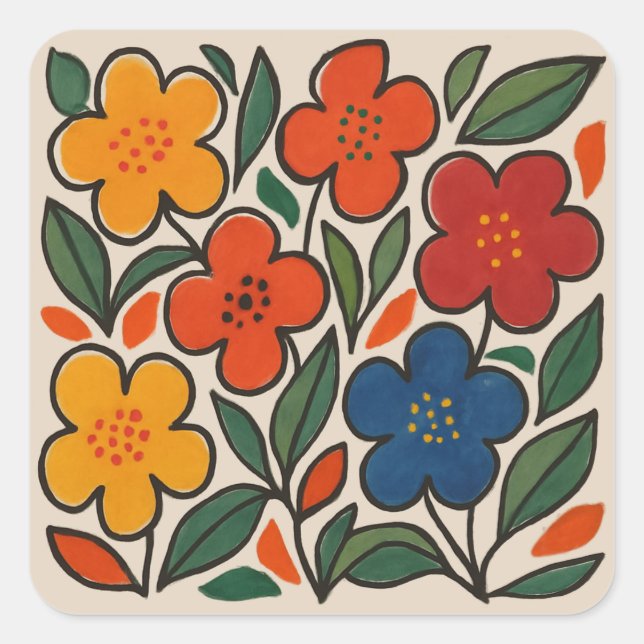 Retro 1960s Style Floral Pattern Quadratischer Aufkleber (Vorderseite)