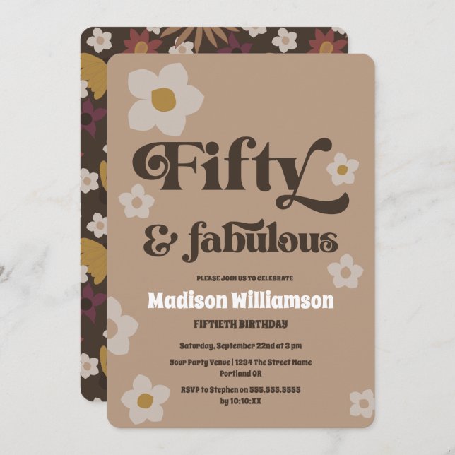 Retro 1970er Floral 50 & Fabulous Birthday Invitat Einladung (Vorne/Hinten)