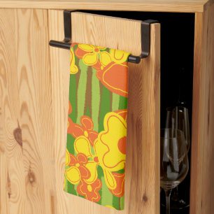 Retro 1970er Jahre Gelbe Orange Blumen Geschirrtuch