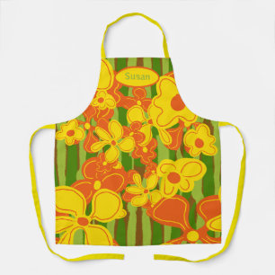 Retro 1970er Jahre Gelbe Orange Blumen Schürze