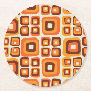 Retro 1970er Jahre Mid Century Orange und Braun Ge Runder Pappuntersetzer