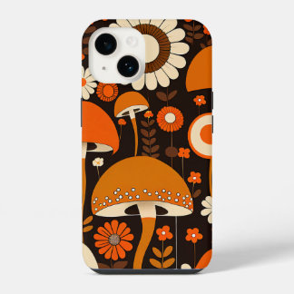 Retro 1970s Brown & Orange Mushrooms & Flowers iPhone 14 Hülle
