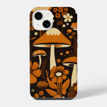 Retro 1970s Brown & Orange Mushrooms & Flowers