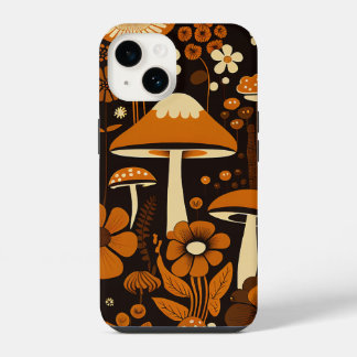 Retro 1970s Brown & Orange Mushrooms & Flowers iPhone 14 Hülle