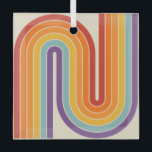 Retro 1970s Style Arched Stripes Geometric Pattern Ornament Aus Glas<br><div class="desc">This artwork channels a retro graphic spirit, forming the letter‑like curve with parallel bands of red, orange, yellow, light blue, teal, and purple. The layered arcs flow in harmony, evoking the bold optimism of 1970s design. Set against a soft beige background, the vibrant rainbow palette stands out with clarity and...</div>
