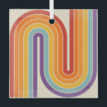 Retro 1970s Style Arched Stripes Geometric Pattern Ornament Aus Glas<br><div class="desc">This artwork channels a retro graphic spirit, forming the letter‑like curve with parallel bands of red, orange, yellow, light blue, teal, and purple. The layered arcs flow in harmony, evoking the bold optimism of 1970s design. Set against a soft beige background, the vibrant rainbow palette stands out with clarity and...</div>