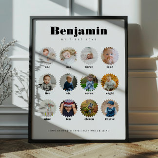 Retro 1st Birthday Baby Milestone Sign w/ Photos Poster