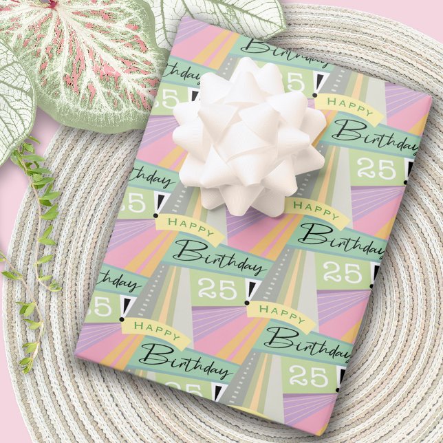 Retro 25. Geburtstag Geometrisches Rosa Grün Geschenkpapier Set (Von Creator hochgeladen)