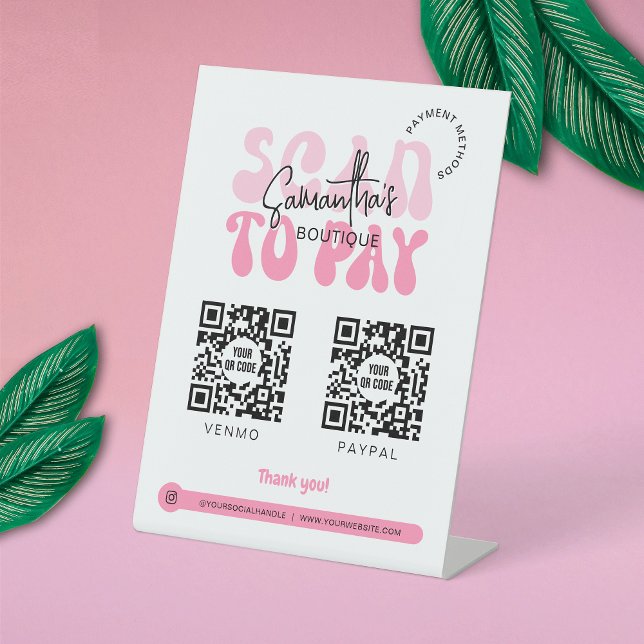 Retro 2 QR Codes Scan to Pink & White Shop Sockelschild (Retro pink and white Business Scan To Pay Sign with space for 2 QR codes)