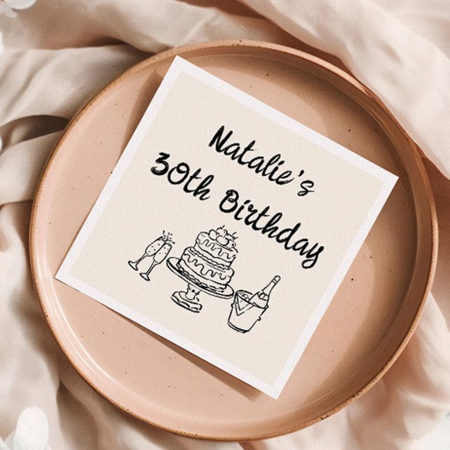 Retro 30. Handgezeichneter Cake Champagner zum Geb Serviette (Von Creator hochgeladen)