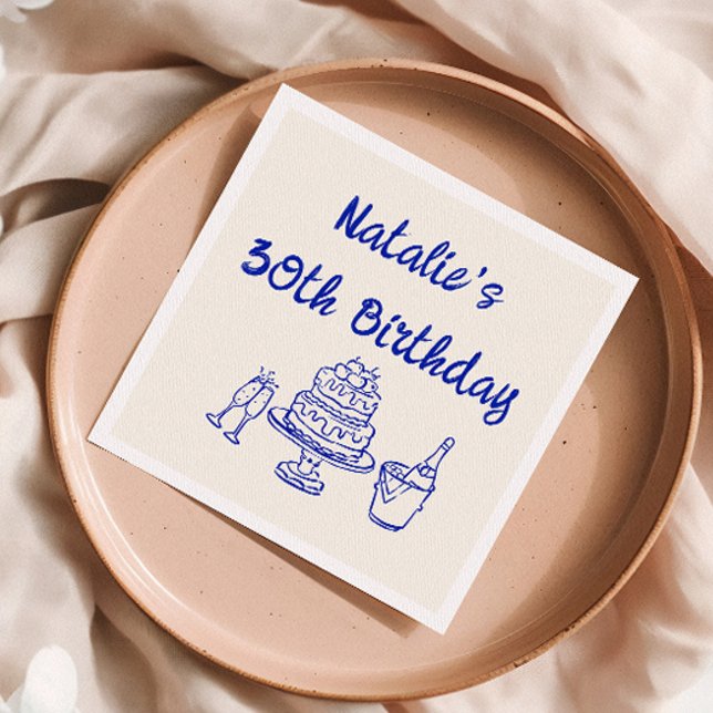 Retro 30th Blue Hand Drawn Cake Champagne Geburtst Serviette (Von Creator hochgeladen)