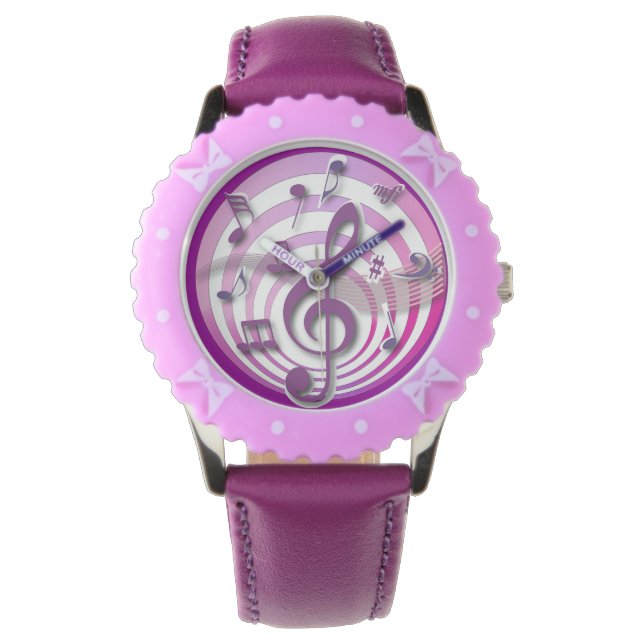 Retro 3D-Effekt Rosa musikalische Hinweise Armbanduhr (Vorderseite)