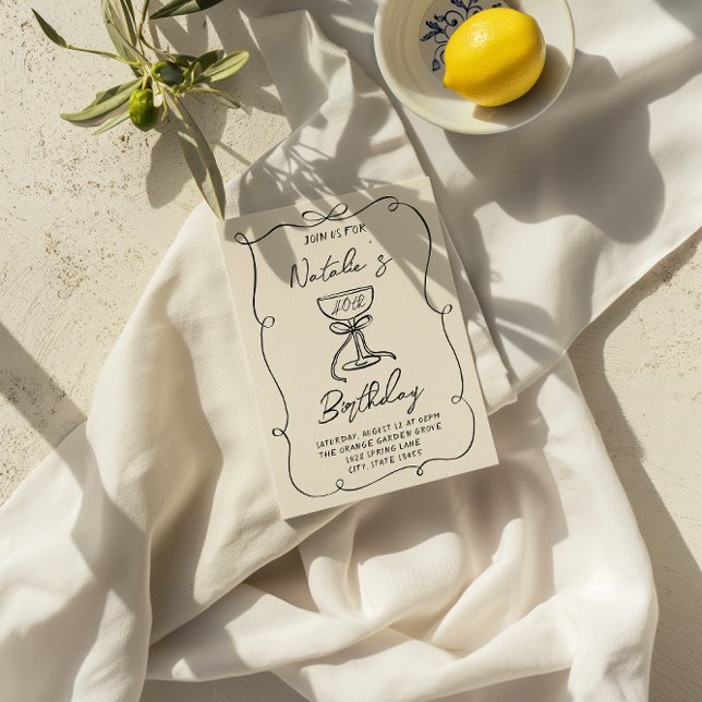 Retro 40th Hand Drawn Bow Champagne Glass Geburtst Einladung (Von Creator hochgeladen)