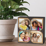 Retro 4 FotoCollage Pinwheel Blume Petrolbraun Holzkisten Schild<br><div class="desc">Stilvolles Foto in zweifarbiger Braun mit Retro-Pinwheel-Foto-Collage. Die Fotovorlage ist für Sie ein Set, um 4 Ihrer Lieblings-Fotos hinzuzufügen, die automatisch in den Blume Blätter Formen angezeigt werden. Wenn Sie Probleme mit der Bildplatzierung haben, versuchen Sie, Ihr Foto auf ein Quadrat zuzuschneiden und neu hochzuladen. Wenn Sie die Farben bearbeiten...</div>