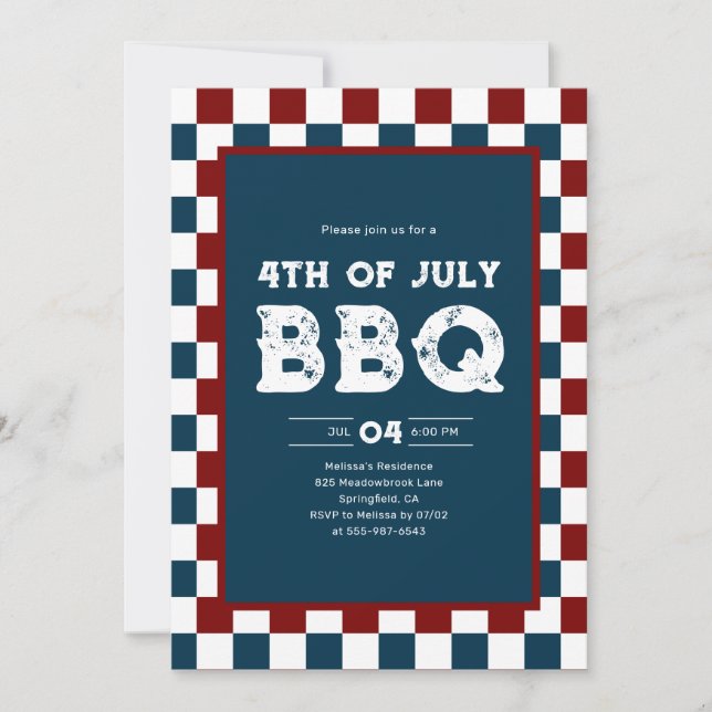 Retro 4. Juli BBQ-Party Kariert  Einladung (Vorderseite)