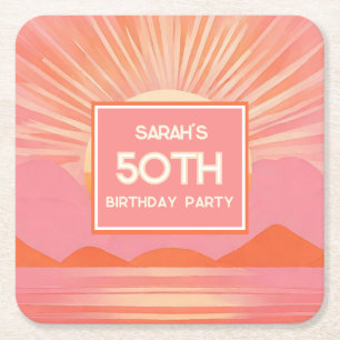 Retro 50. Geburtstag Rosa Sonnenuntergang Papier U Rechteckiger Pappuntersetzer