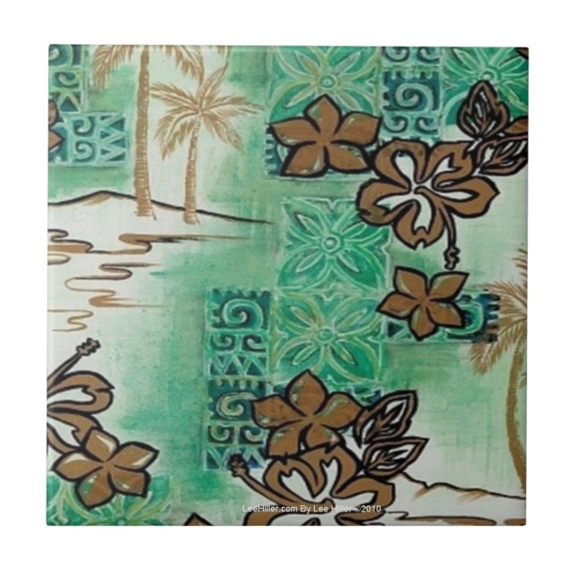 Retro 50er Atomic Tiki Print Bronze Türkis Fliese (Vorderseite)