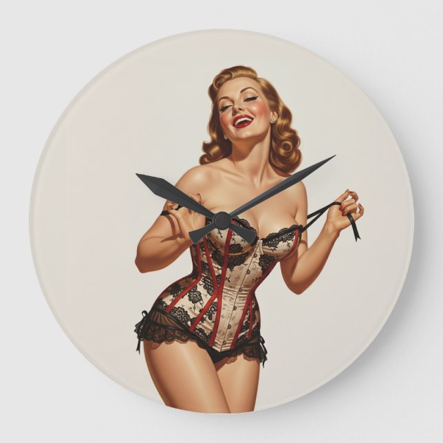 Retro 50er Button-Up Beauty Große Wanduhr (Vorderseite)