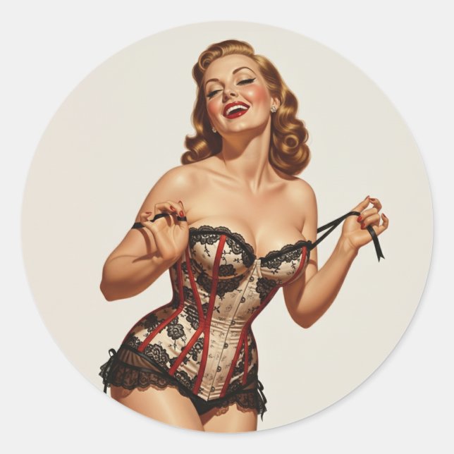 Retro 50er Button-Up Beauty Runder Aufkleber (Vorderseite)