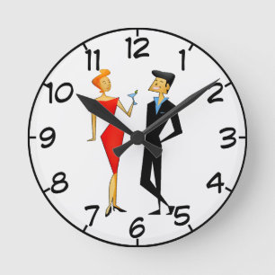 Retro 50er Couple Cocktail Party Red Black Runde Wanduhr