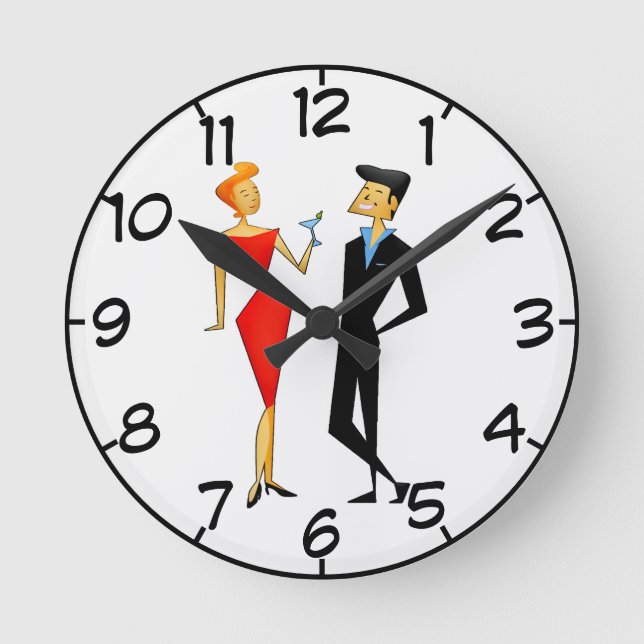 Retro 50er Couple Cocktail Party Red Black Runde Wanduhr (Vorderseite)